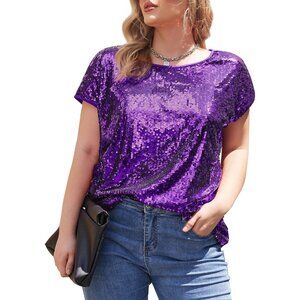 Women's Plus Size Sequin Top Short Sleeve Sparkle Glitter Crew Neck